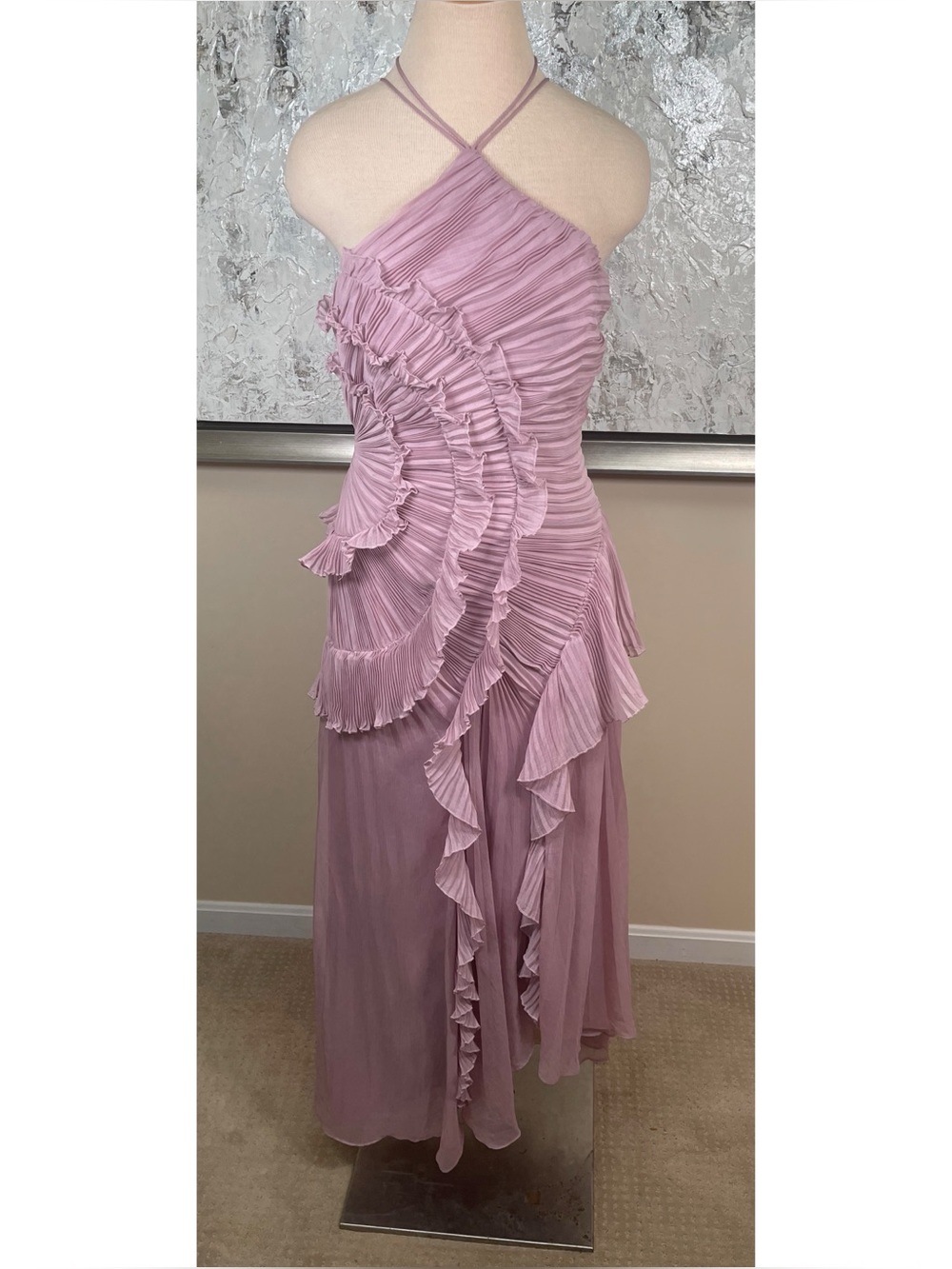 AMUR Lorelie Ruffle Ruched Pleated Halter Asymmetric Pink Maxi Gown Size 8 - Picture 3 of 9